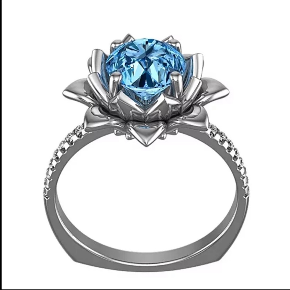New 925 Silver Lotus Flower Sapphire Ring - Picture 3 of 6